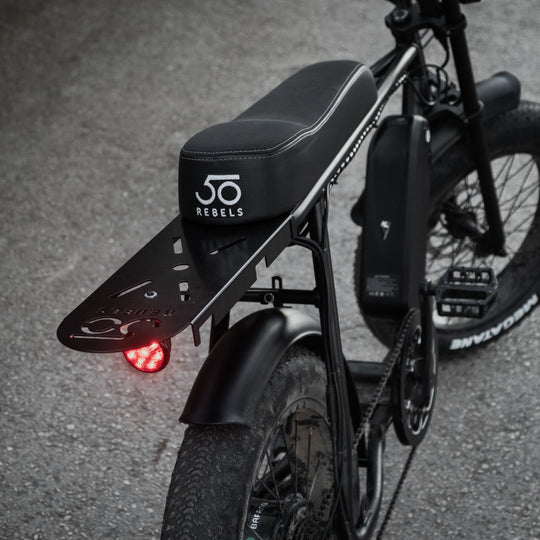 50 Rebels Back Rack on R Series e-bike. Pair it with our Front Rack for a full 'cargo bike' setup.
