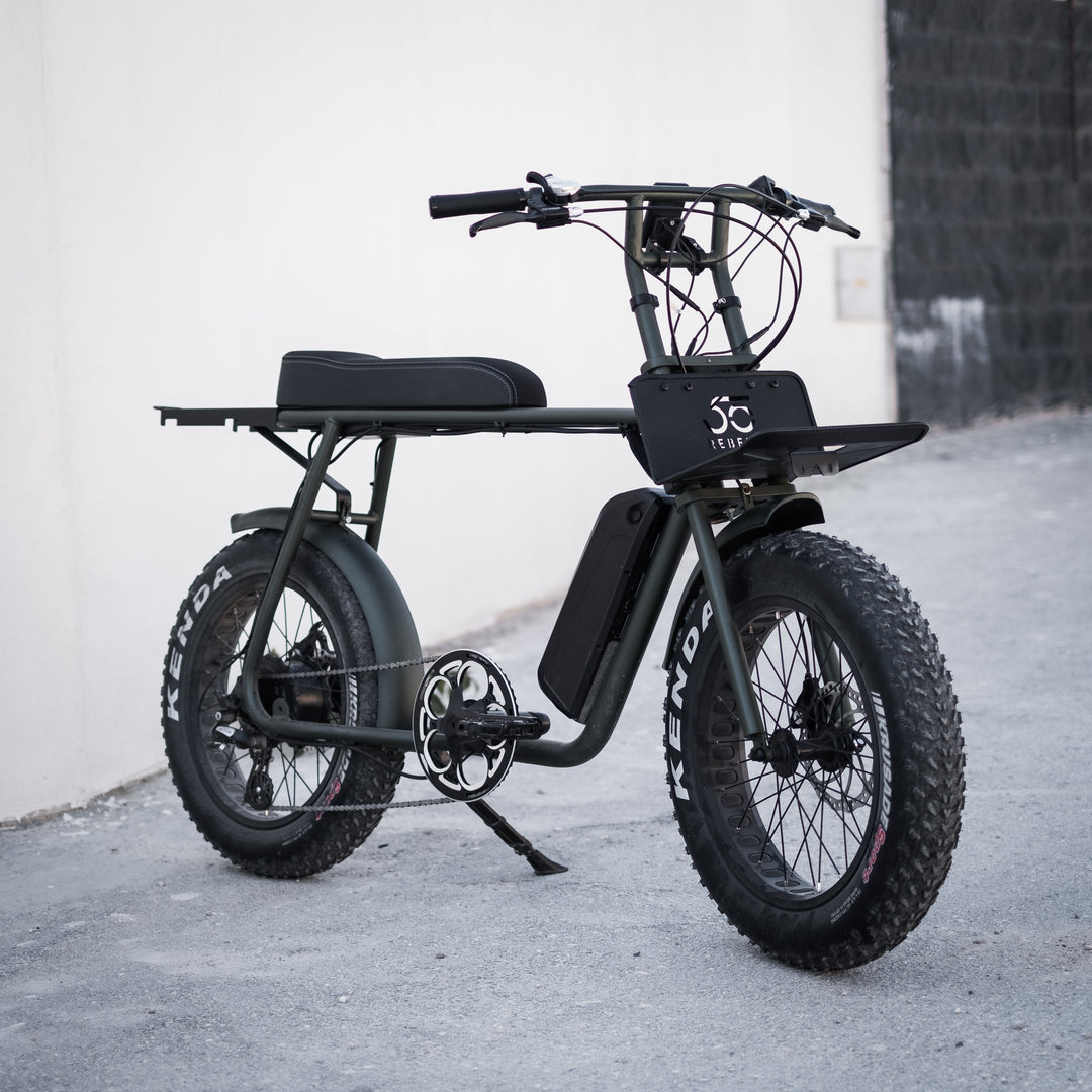 50 Rebels e-bike with a Back Rack on. Pair it with our Front Rack for a full 'cargo bike' setup.